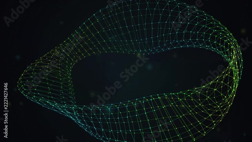 Futuristic glowing plexus mesh infinity loop animation with cyber green and blue data network connection
