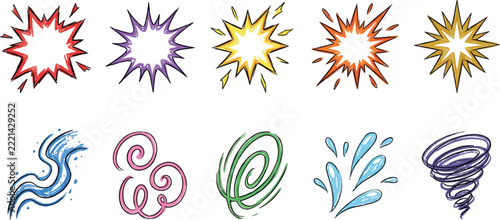 Explosion burst doodle set – wind swirls, tornado, spirals and water splash  vector illustration

