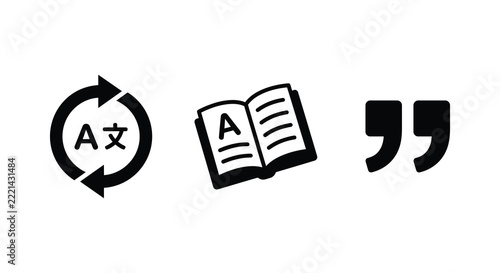 Translation icon open book and quotation marks displayed as a flat black silhouette