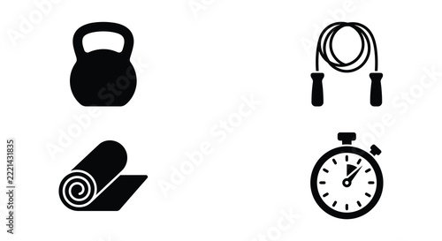 Black silhouettes of a kettlebell jump rope exercise mat and stopwatch on white