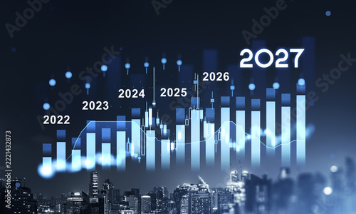 2027 Future Forecast with Rising Financial Bar Chart and City Skyline, Blue Digital Global Business Growth Concept for the New Year.
