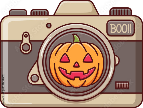 Vintage Camera with Jack O Lantern Pumpkin Lens Halloween Vector Illustration