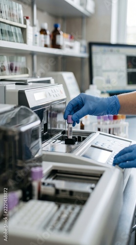 A scientist wearing blue gloves puts a sample tube into a diagnostic machine inside a lab to test for the pandemic virus during the day.