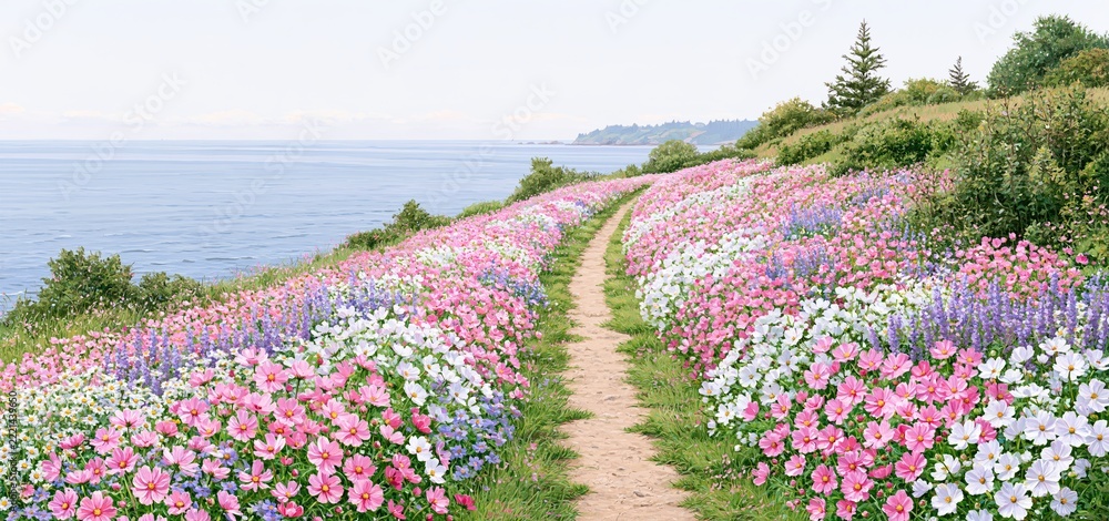 Fototapeta premium Coastal footpath edged with blooming meadow flowers leads toward the calm sea beneath a soft, overcast sky.