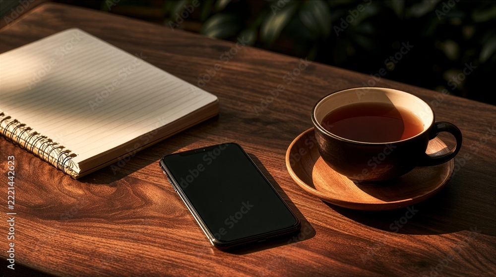 Fototapeta premium Digital Wellbeing Workspace with Smartphone and Notebook