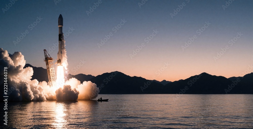 Fototapeta premium Space rocket takes off from ocean at dawn. Huge fire, smoke clouds rise from propulsion during launch. Small boat with person near liftoff site. Powerful spaceship ascends toward sky near mountains