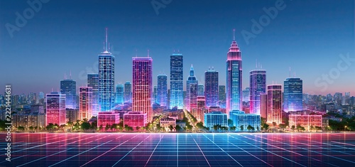 A vibrant night cityscape showcasing neon-lit smart city technology and advanced digital connectivity.
