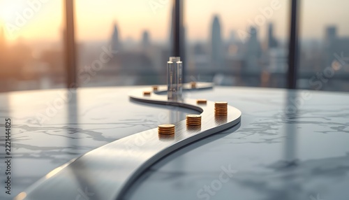 Winding Path of Coins on Marble Table with City Skyline, Financial Growth Concept