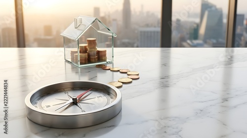 Glass House with Coins and Compass on Marble Table, Real Estate Investment Concept