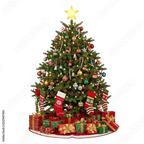 Traditional christmas tree with colorful ornaments and stockings isolated on transparent background