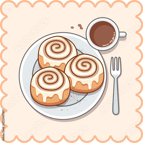 Freshly Baked Cinnamon Rolls with Cream Cheese Frosting and Coffee Vector Illustration