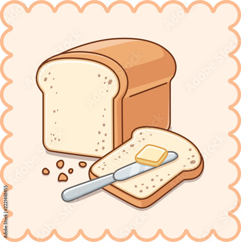 Freshly Baked White Toast Bread Loaf with Butter Slice Vector Illustration