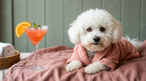 Cute white bichon frise dog wearing a pink robe with a cocktail drink