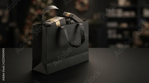 Luxury black shopping bag filled with elegant gift boxes wrapped with gold ribbon on a dark table.