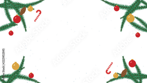 Christmas frame with fir branches and baubles on white with copy space
