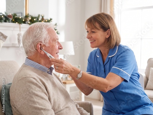 Caregiver checking temperature for elderly man during holiday caregiver home visits