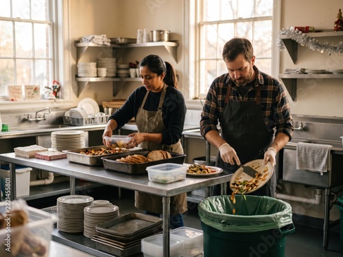 Volunteers prepare holiday food surplus redistribution in kitchen