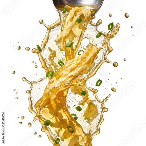 Savory broth splash, green onion burst, appetizing and fresh