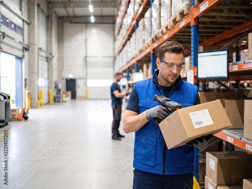 Warehouse Worker Scanning Package for Holiday Returns Reverse Logistics