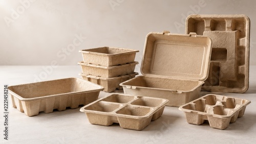 Eco-Friendly Kraft Paper Food Containers and Takeout Boxes Displayed on Table