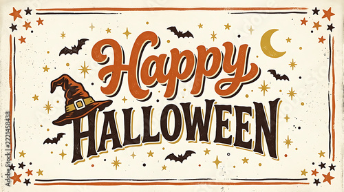 Vintage halloween typography poster with witch hat and bats