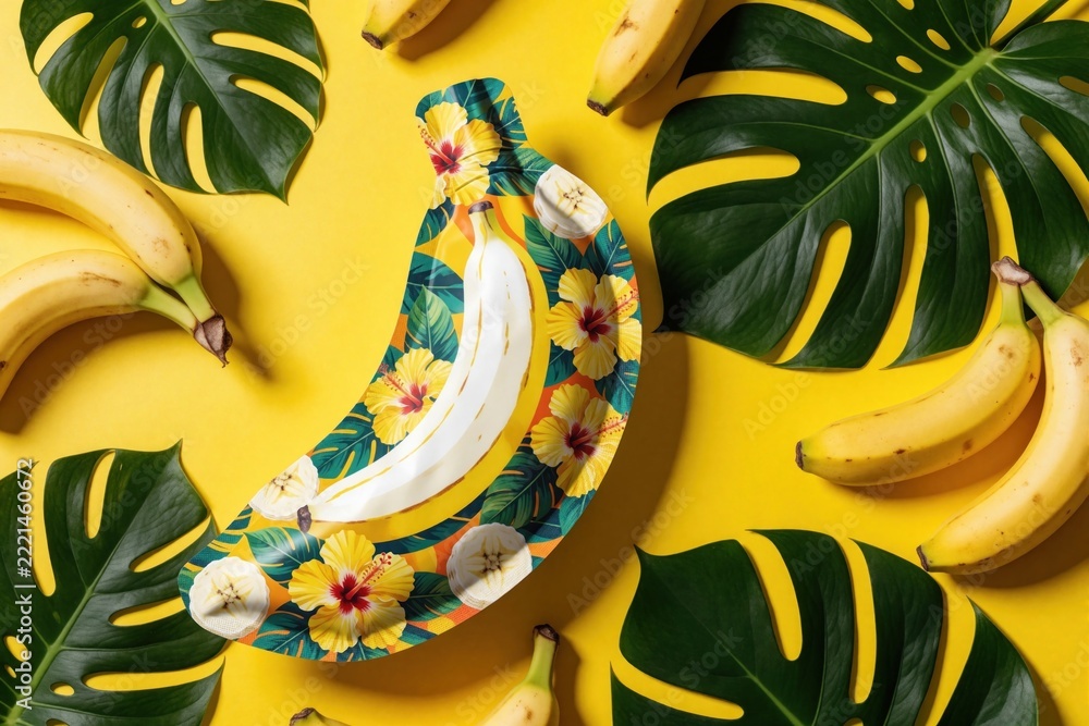 Fototapeta premium Vibrant banana themed packaging design on bright yellow background. Tropical fruit pattern with hibiscus flowers, green monstera leaves. Creative product mockup with real bananas, exotic foliage for