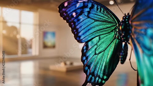 Large iridescent butterfly sculpture in modern art gallery.