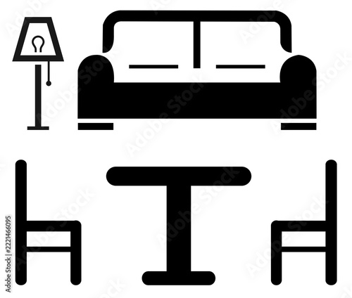 Furniture icons set with sofa, table, chairs and floor lamp vector icon isolated on white background. Home interior furniture silhouette icon set with couch, lamp, table and chairs 