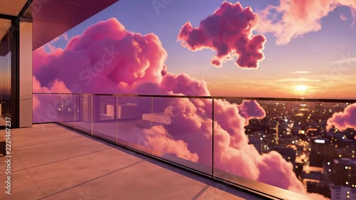 Luxury balcony overlooking pink sunset clouds and city skyline.