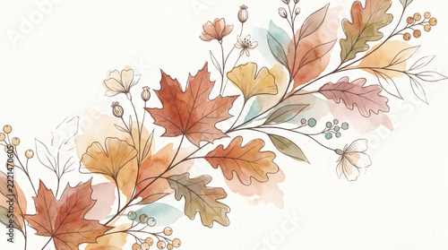 Watercolor autumn leaves and berry branches botanical illustration