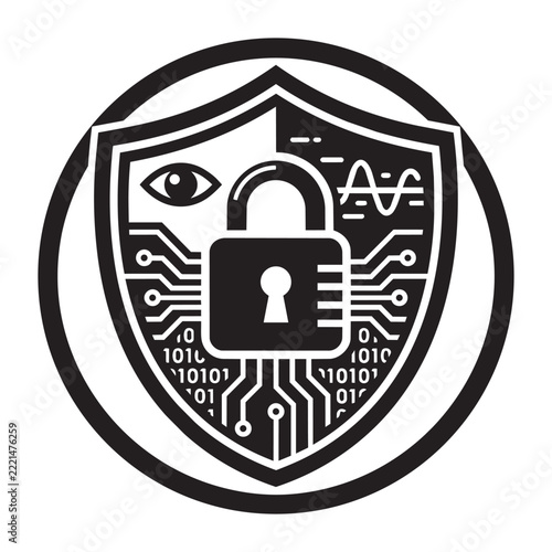 Cybersecurity and Data Protection Shield Icon Vector Illustration with Padlock, Circuit Board, and Binary Code