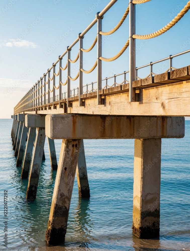 Fototapeta premium Side view of wooden pier over calm blue ocean water. Long sea structure with concrete pillars, rope railing stretches toward horizon. Peaceful coastal landscape with sunny sky, clear water for summer