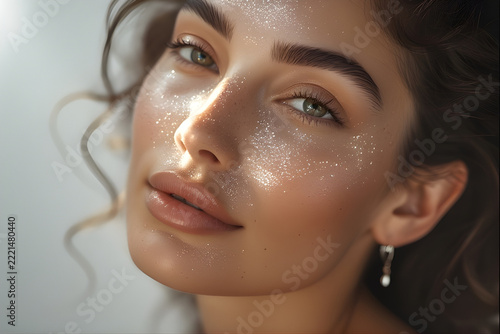 Extreme close up portrait of a beautiful woman with glowing glitter makeup on her face.