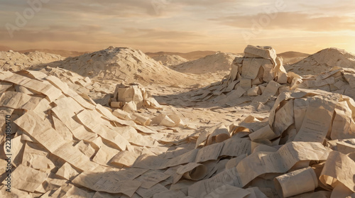 Vast landscape of crumpled receipt paper creates surreal terrain under warm sunset