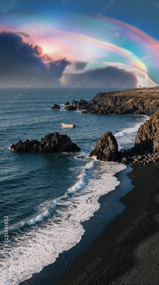 Fototapeta premium Aerial view of black sand beach with ocean waves, rocky coast. Small boat floats on blue sea under colorful rainbow, dramatic sky. Peaceful coastal landscape in Portugal during sunset with beautiful