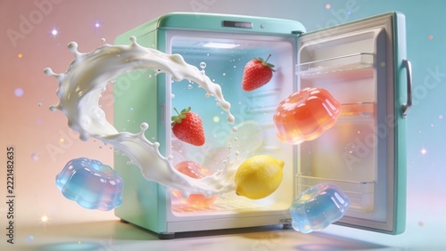 Colorful fruits and jelly bouncing from open fridge during bright kitchen scene