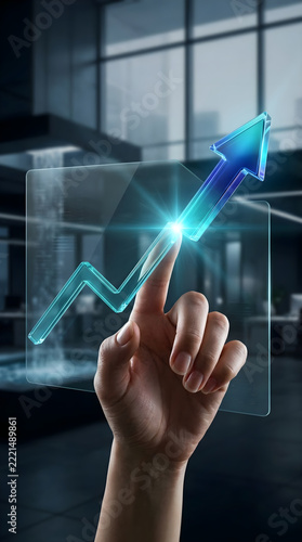 Hand interacting with a glowing glassmorphism financial growth chart and HUD interface in a modern corporate office