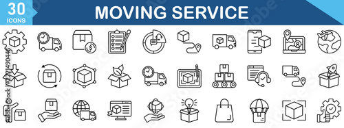 Moving Service web icons in line style. packing, loaders, collection. Editable stroke. Vector illustration.