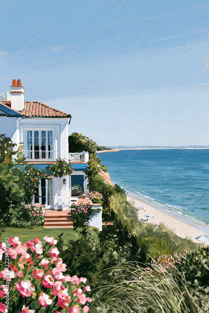 Fototapeta premium Elegant white villa situated on a sun drenched cliff, offering scenic views of the serene blue ocean and a private sandy beach