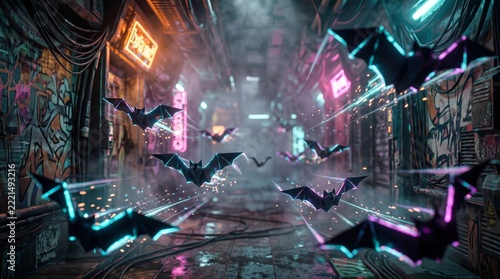Origami bats with glowing neon edges flying through a misty cyberpunk alley filled with graffiti and cables