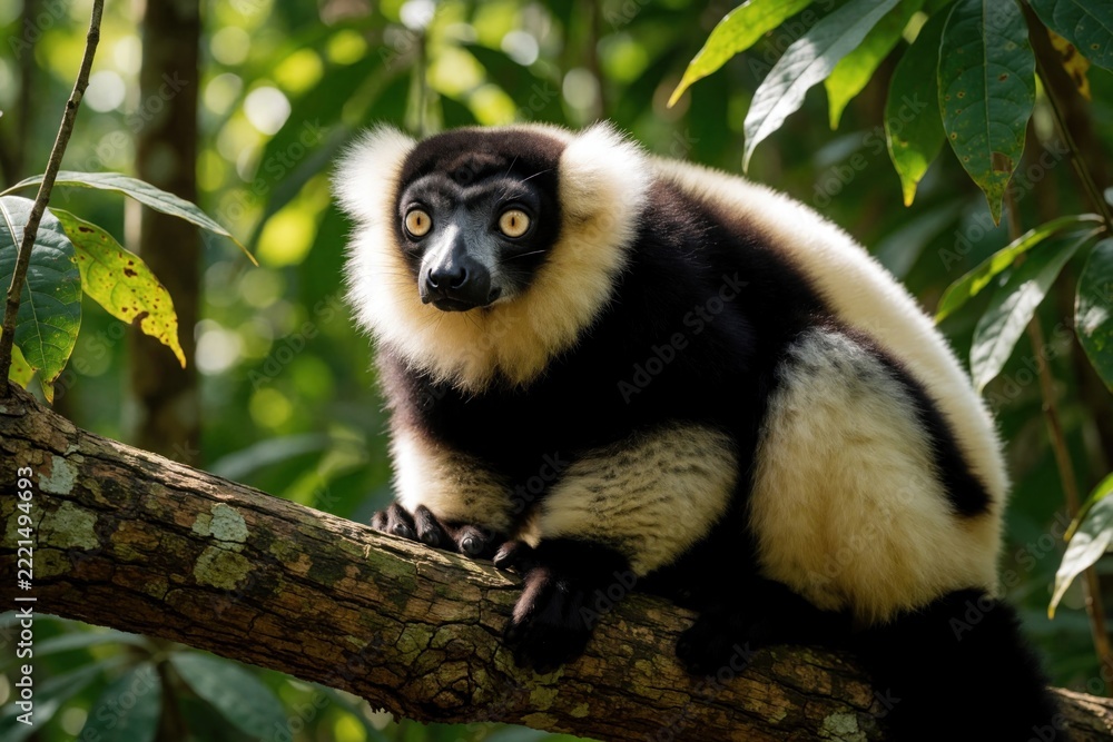 Naklejka premium Black, white ruffed lemur sits on tree branch in Madagascar rainforest. Wild primate with fluffy fur looks at camera in tropical jungle. Endemic Varecia variegata animal rests in green forest habitat