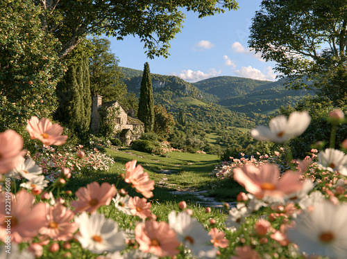 Idyllic countryside landscape displays stone cottage, vibrant wildflower meadow, rolling green hills, stream under bright fluffy cloud‑filled blue sky.