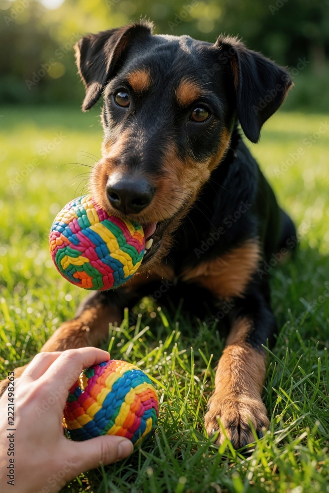 Naklejka premium German Jagdterrier dog holds colorful ball in mouth lying on green grass lawn. Person offers new toy to cute puppy during summer play time. Active pet enjoys outdoor training, fun activity in sunny