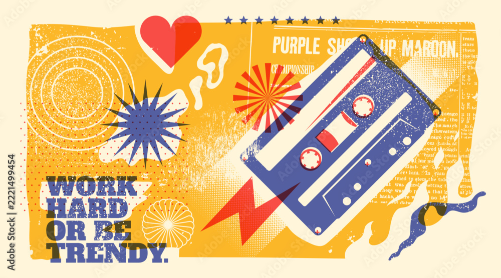 Naklejka premium A retro style background featuring a distressed cassette tape, pop graphics, and grungy collage textures. Vector illustration. 