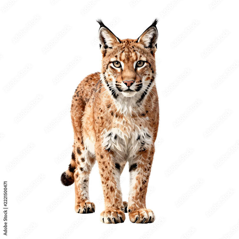 Obraz premium A lynx stands facing forward with its distinctive ear tufts and spotted fur
