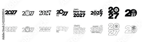 Happy New Year 2027 Typography Collection With Creative Black Numbers, Modern Lettering, Stylish Clock Design, Minimalist Holiday Logos, Bold Countdown Graphics, And Editable Outline Vector Art
