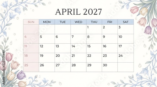 April 2027 calendar highlights the days of the week surrounded by floral decorations, creating an elegant design.