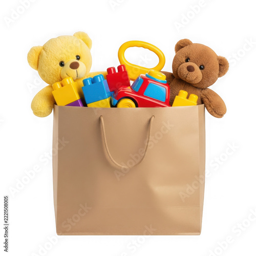 Stuffed toys in a brown paper shopping bag