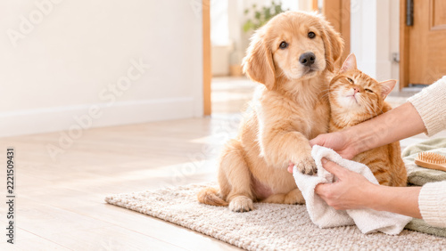 Golden retriever puppy paw care beside a ginger cat
