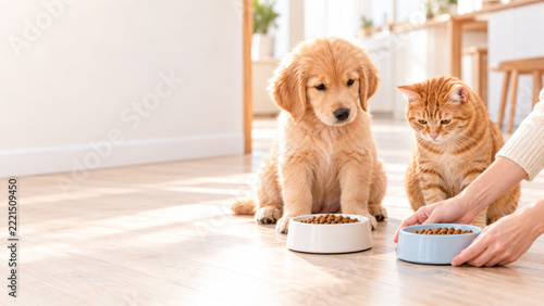 Golden retriever puppy and ginger cat with food bowls